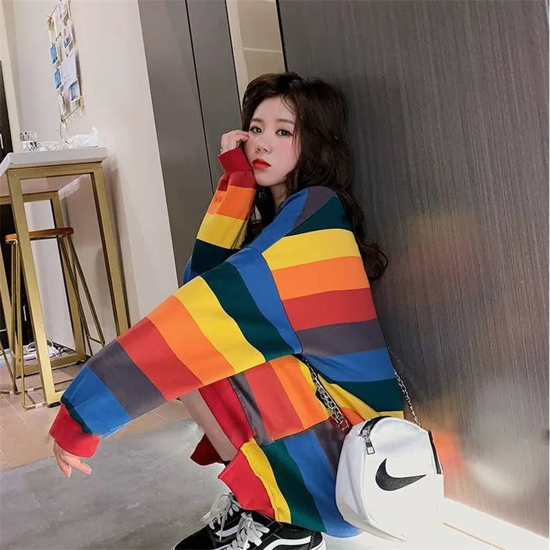 Rainbow Striped Long Sleeve Sweatshirts Women Spring Autumn Hoody Blouse Shirts Female Pullover Hoodies SweatshirtRainbow Stripe