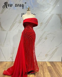 Red Pearls Formal Evening Dress With Side Train Women Luxury Prom Gowns For 2024 Wedding Party African Sequined вечернее платье