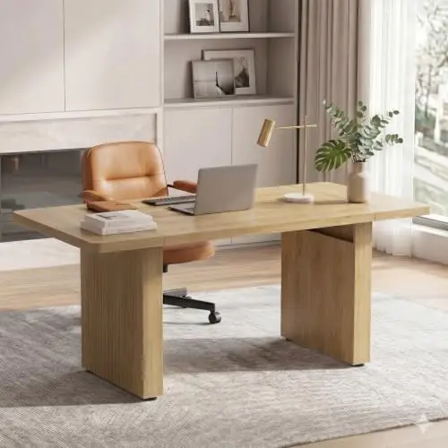 62.99 Inch Wood Executive Desk, Modern Office Desk with Double Pedestal, Wooden Vertical Striped Fluted Computer Desk