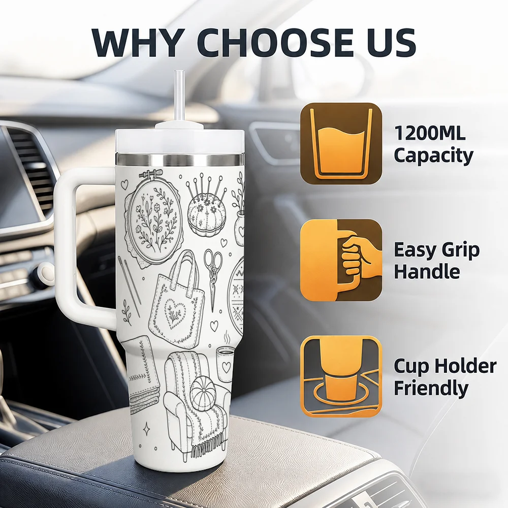 Sewing Knitting Crochet Craft Line Vacuum Flasks 40oz Stainless Steel Insulated Tumbler With Handle & Straw Leakproof Travel Mug