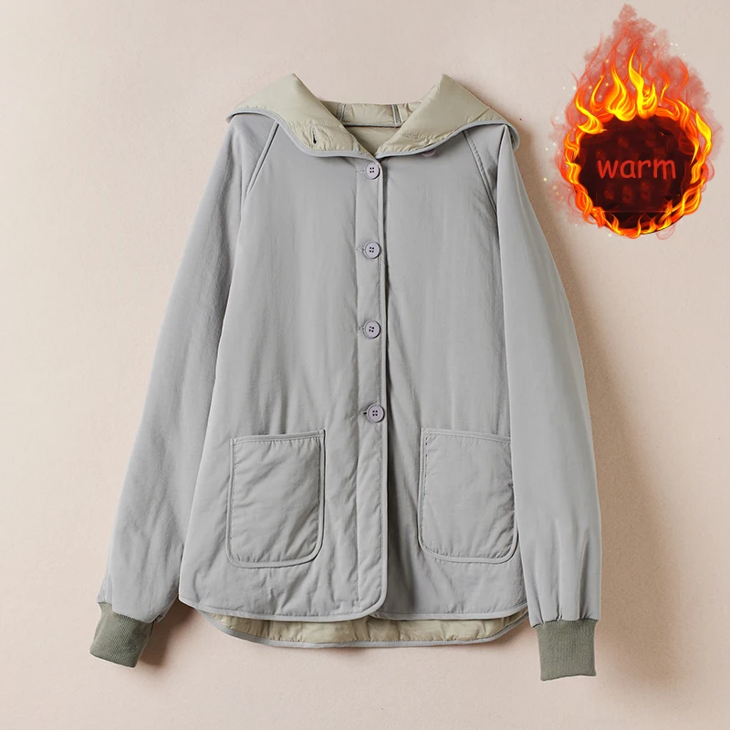 

Светло-серое пальто с капюшоном для женщин, зимние теплые легкие куртки с хлопковой подкладкой и длинными рукавами, универсальная повседневная верхняя одежда