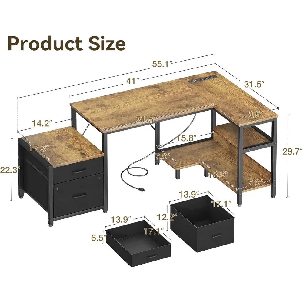 مكتب على شكل حرف L للمكتب المنزلي باللون البني الريفي مع مساحة تخزين وأدراج وخزانة ملفات ومنافذ طاقة