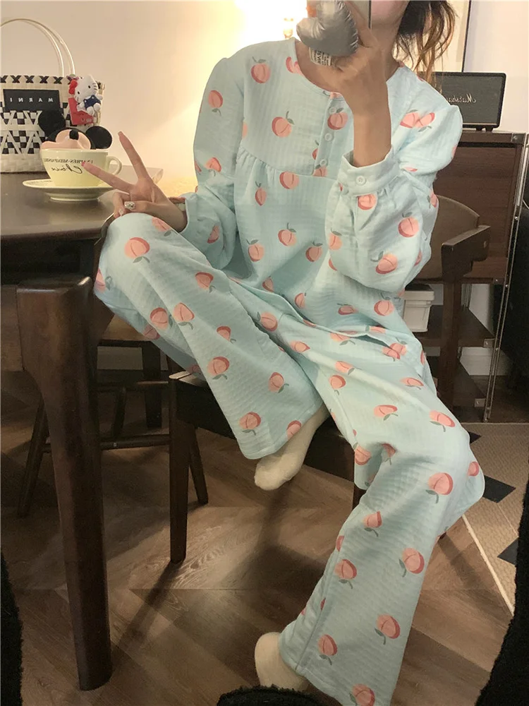 Conjunto de pijama de manga larga con estampado de melocotón para mujer, ropa de dormir suave y cálida, estilo femenino, Otoño e Invierno