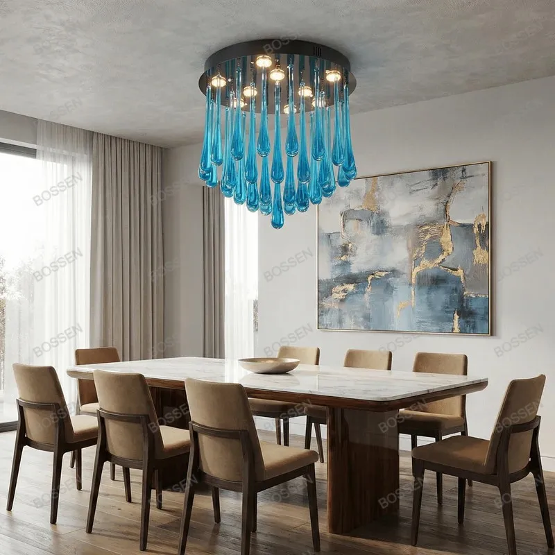 

BOSSEN Modern Chandelier Dimmable Ceiling Light 2026 Adjustable Water Drop Blue Glass Metal Pendant Lamp Luster For Living Room