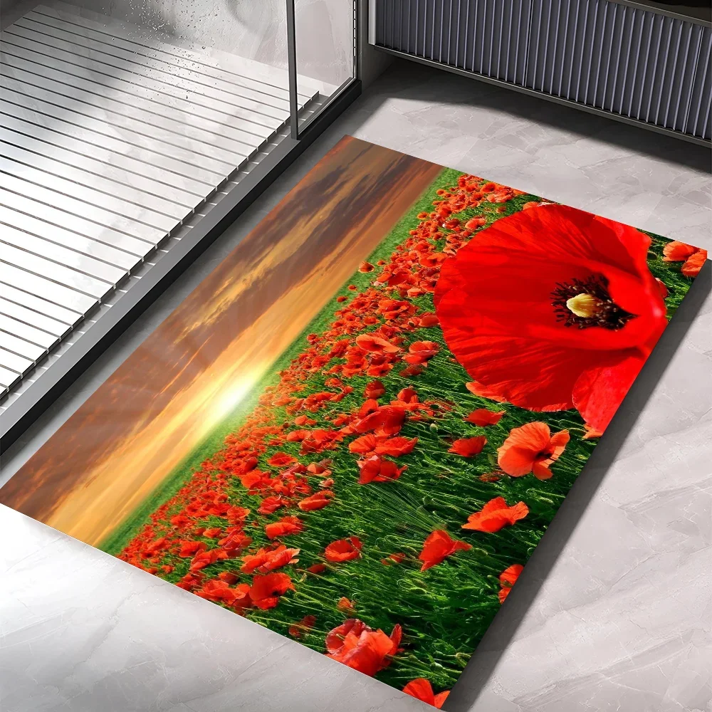 

1PC Poppy Field Floor Mat Home Bedroom Kitchen Non-slip Floor Rug, Absorbent Anti-fouling Door Mats