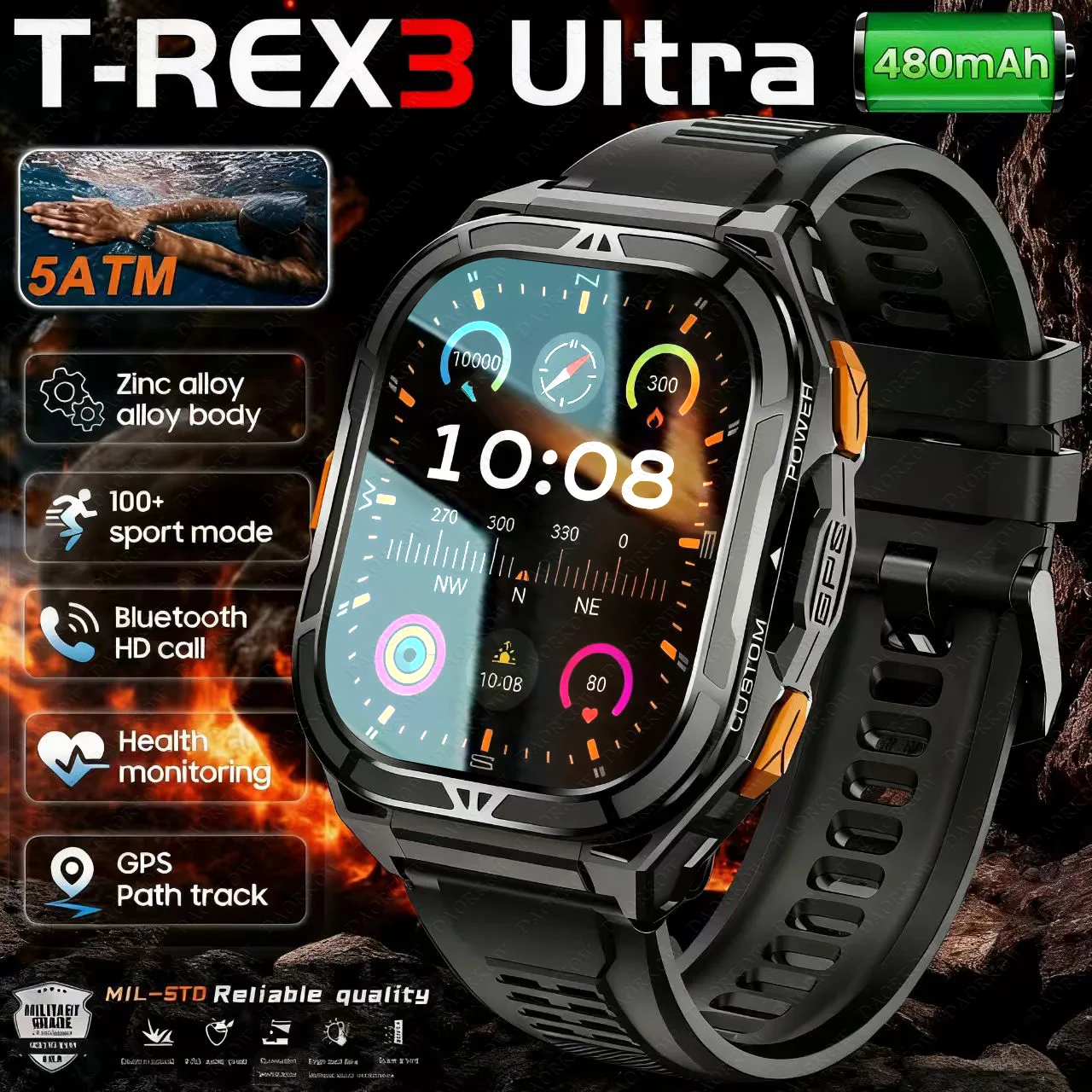 

DAORKOWGPS sports Smartwatch for Men: 1.96-inch AMOLED Compass 5ATM waterproof health monitoring Outdoor military smartwatch