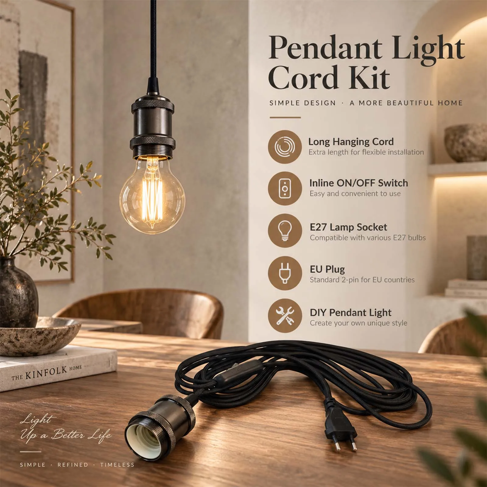 Hanging Light Cord, Black Braided E27 Pendant Lamp Cable, On Off Switch, Vintage Industrial