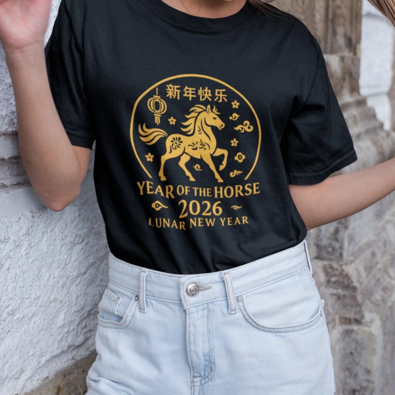

Chinese New Year 2026 Horse T-Shirt Red Gold Lunar Zodiac Celebration Design Unisex High Quality Cotton Printed T-shirt Tops