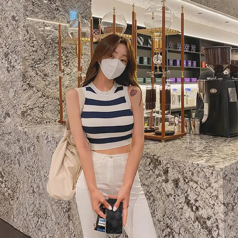 

Dongda Gate, новый вязаный жилет с высокой талией, женская летняя верхняя одежда, тонкий топ в полоску с животом, круглый топ Ne Commute Sle