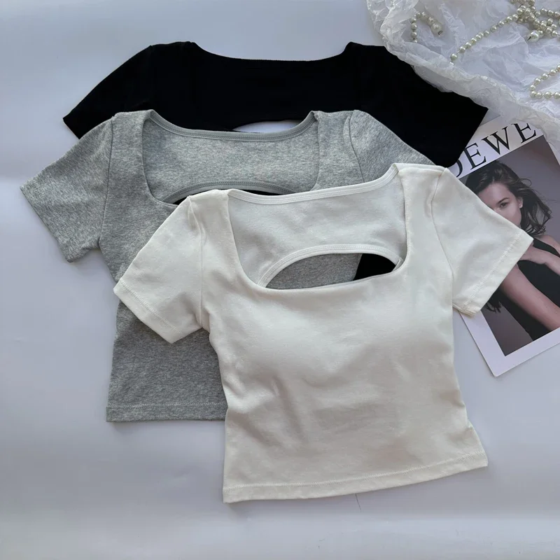 Summer Woman T-shirt Clothing Square Neckline Tops Short Sleeved Crop Top with Bras Girls Sexy Street Wear Backless Top Tees