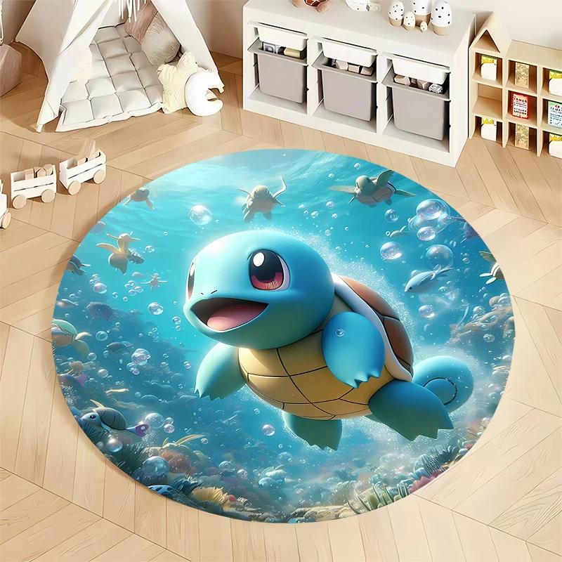 Japanese Anime Pokemon Squirtle Printed Cartoon Round Carpet for Kids Living Room Rug Picnic Mats Flannel Anti-Slip Rug Yoga Mat