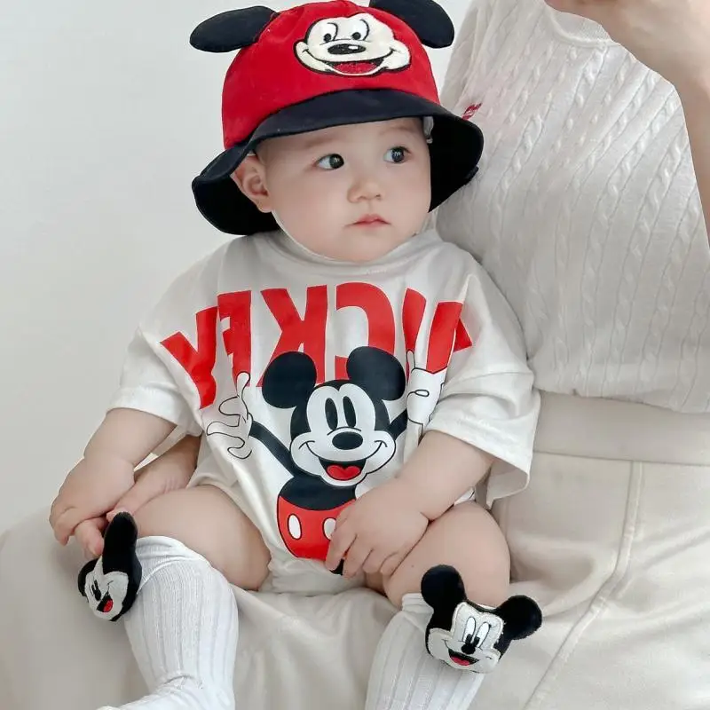 Disney Mickey Duck Pooh Cartoon Girl Boy Triangle Bag Fart Clothes Summer Soft Cotton A-Standard Baby Clothes Crawl Clothes Set