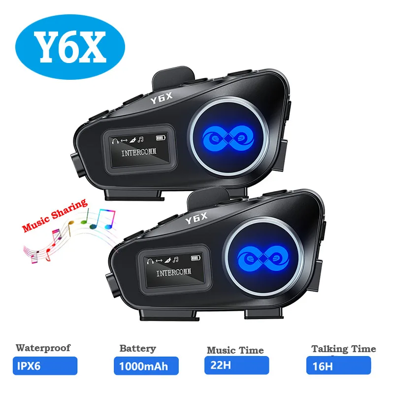 

Y6X Motorcycle Bluetooth Helmet Earphone OLED Screen Music Sharing 1000mAh Waterproof IP56 FM Radio Supports 4-Riders Intercom