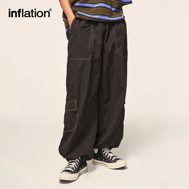 INFLATION Multi Pockets Wide Leg Cargo Pants Men Loose Fit Elastic Waist Track Pants Male Casual Trousers