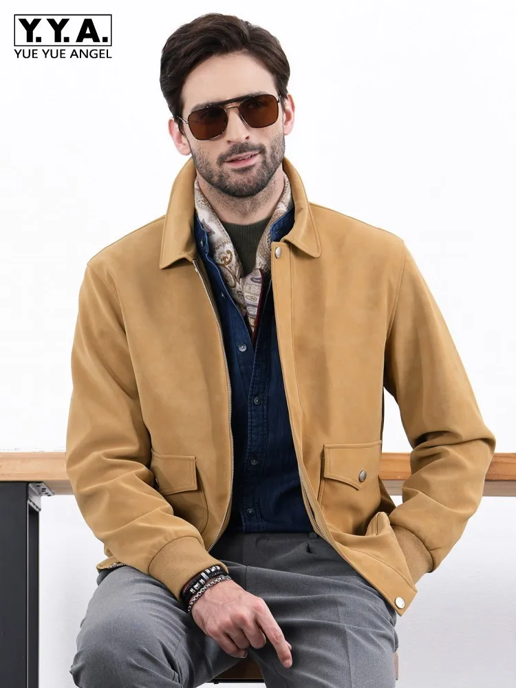 High Quality Mens Autumn Faux Suede Leather Jacket Business Casual Work Coat Vintage Loose Fit Cargo Jacket Streetwear Outwear