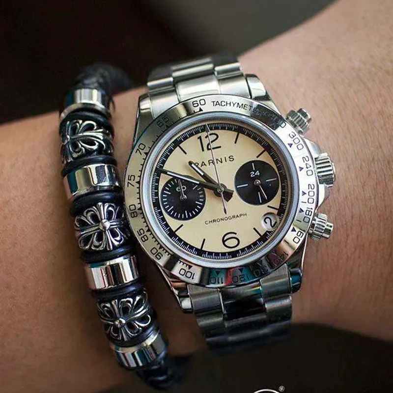 Parnis Men Quartz Wristwatch, Racing‑Chrono‑Style, Japan VK63 Meca‑Quartz Sweep Chronograph Movement, Business Style, Genuine Me