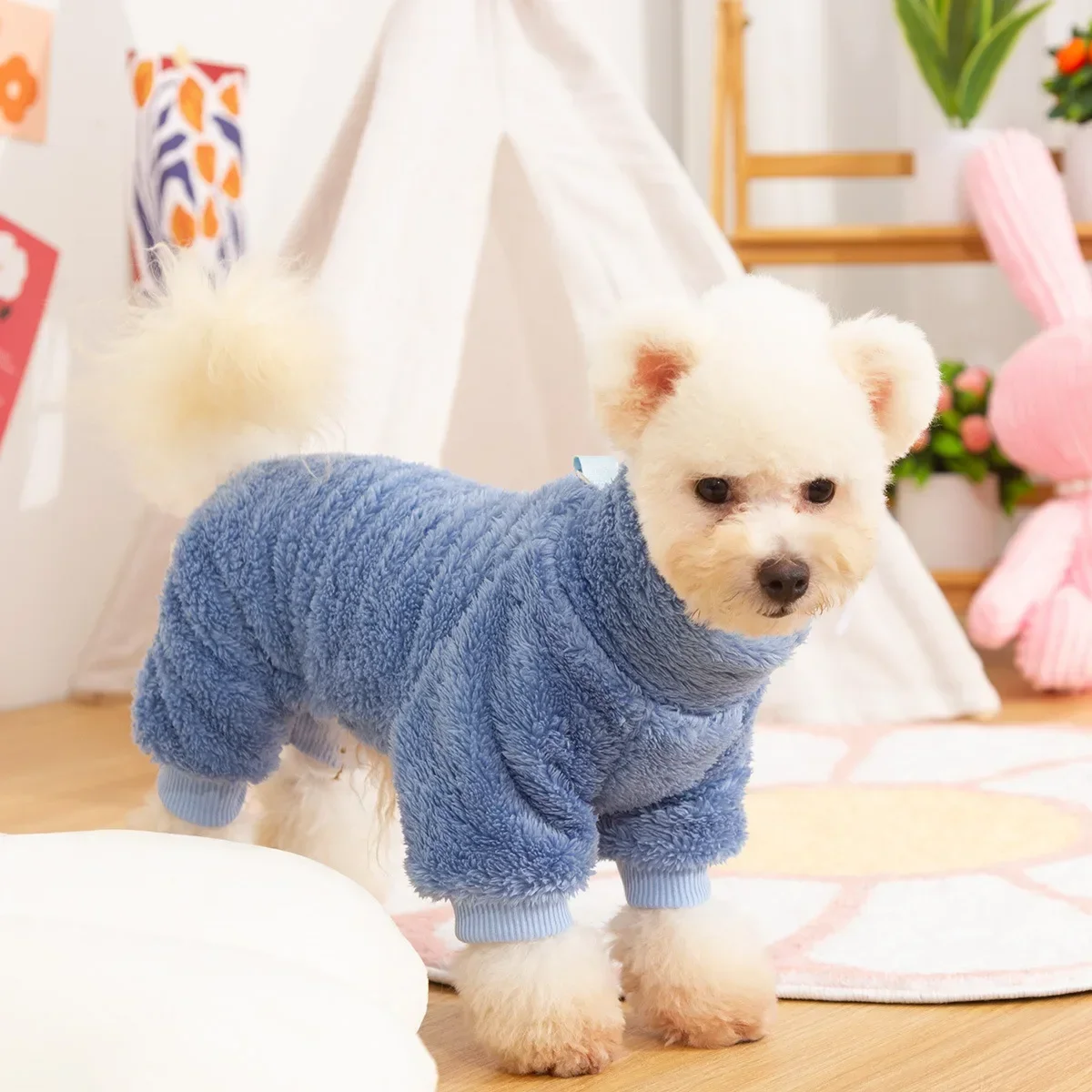 New Dog Clothes Four-legged Clothes Autumn and Winter Double Thick Plush High-necked Warm Pet Clothes Cute Traction Ring