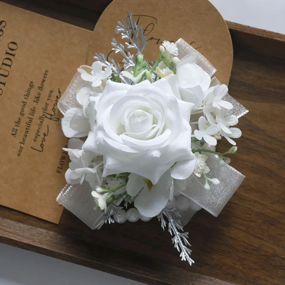 

White Artificial Flowers Silk Rose Men Groom Boutonniere Ribbon Wrist Corsage Wedding Party Decorations