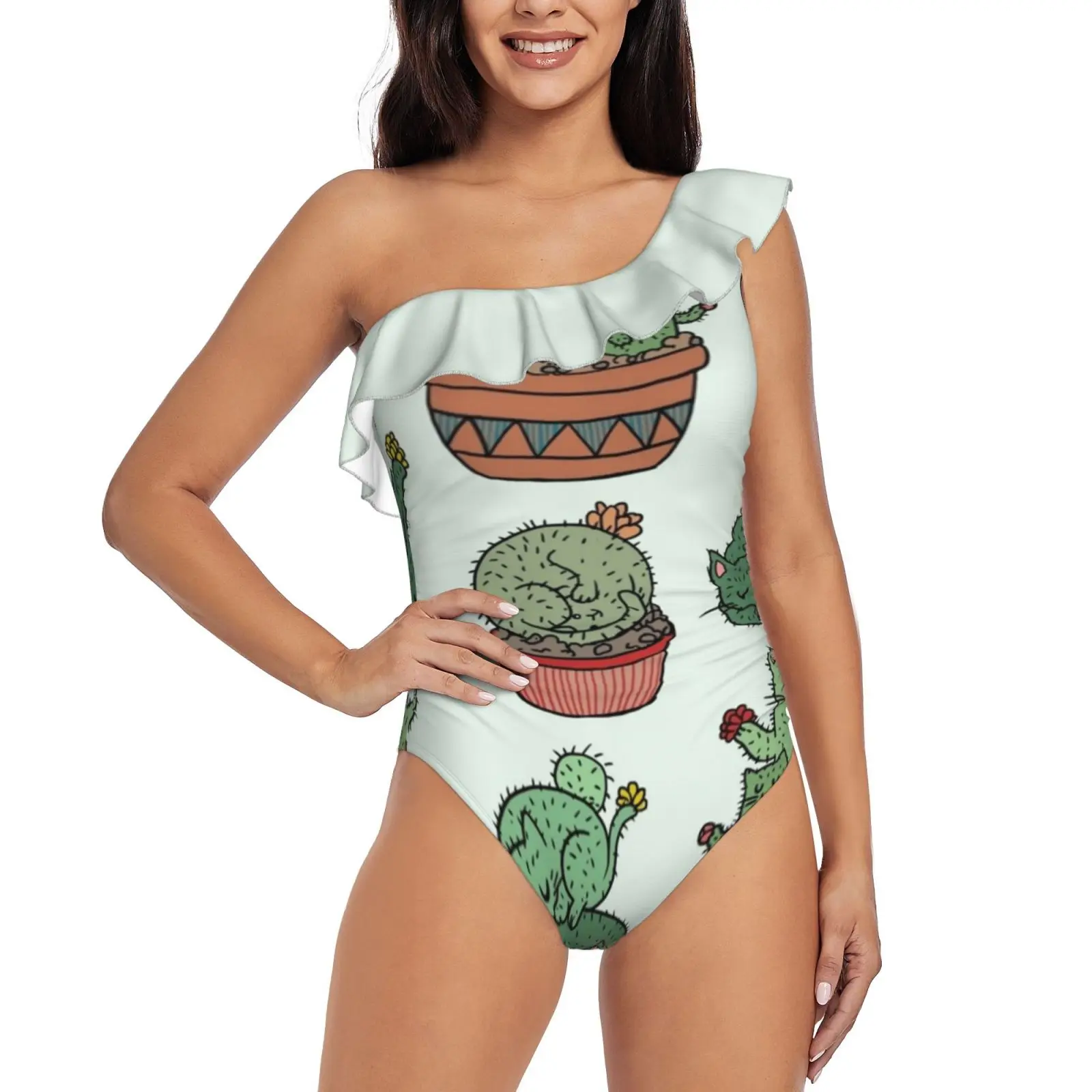 

Cactus Cats One-Piece Swimsuit One Shoulder Ruffle Swimsuit Sexy Monokini New Girl Beach Swimwear Cactus Cacti Plant Nature