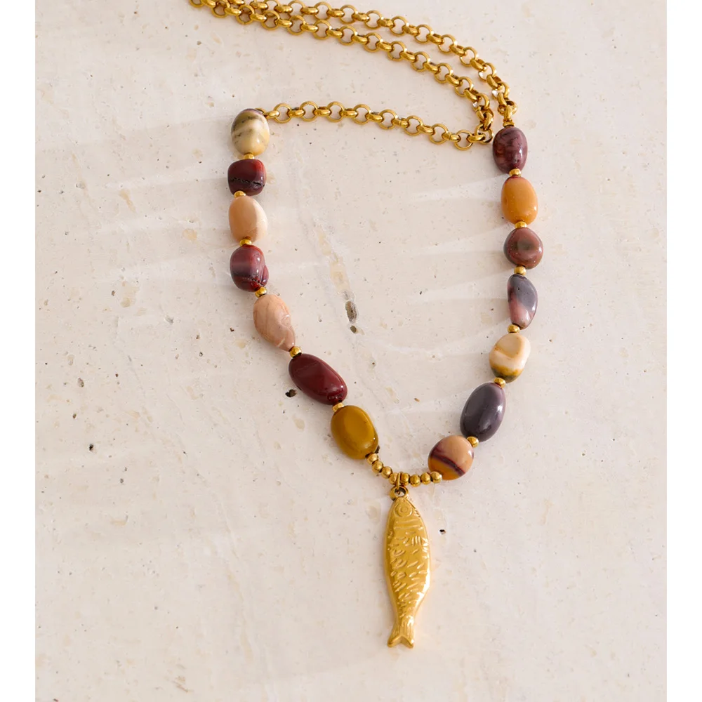 Natural Stone Beaded Fish Pendant Necklace - Stainless Steel Chain