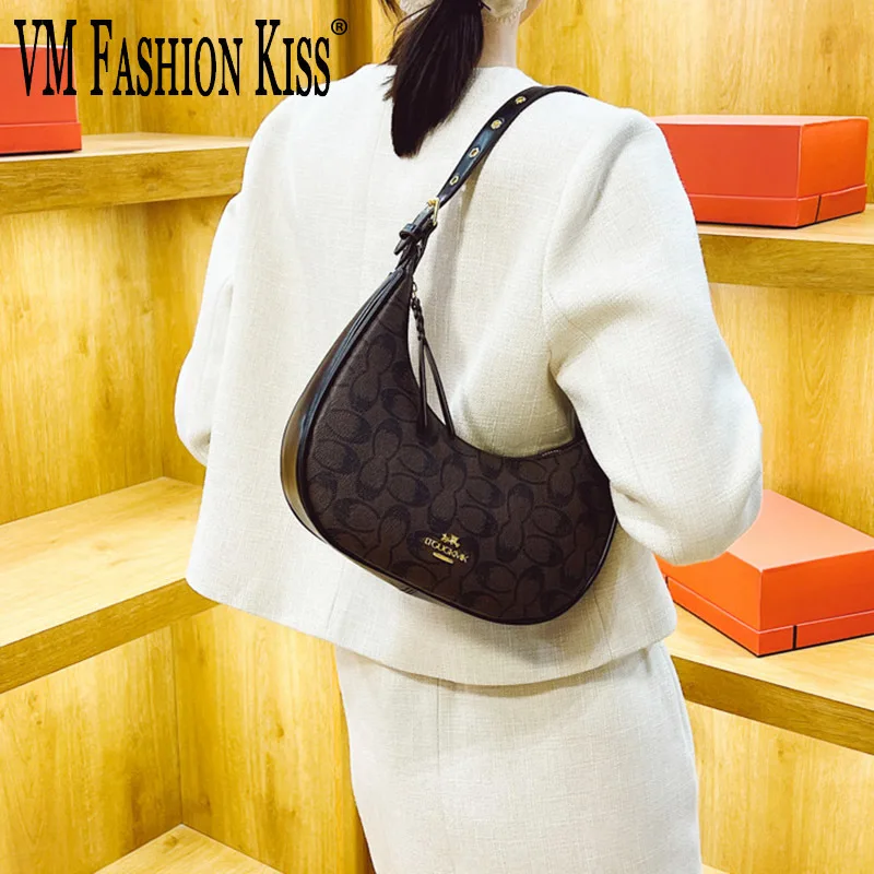 

2025 Women's Elegant Underarm Bag Geometric Print Hobos Bags PU Leather Shoulder Tote Bag Classic Half Moon Top Tote Bag