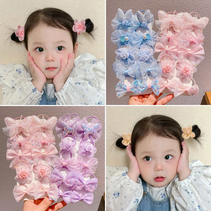 10Pcs Cute Flower Bow Hair Bands Colorful Durable Ponytail Rubber Bands Children Scrunchies Sweet Kids Hair Accessories Gifts