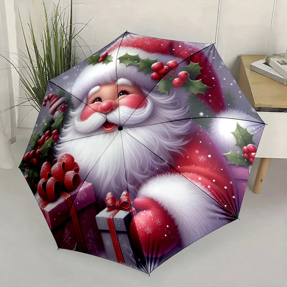 1PC Santa Cheer on a Festive Umbrella Print 8 Iron Ribs Folding Umbrella Auto-Open Fashion Sunshade