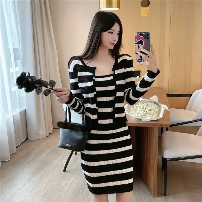 

Knit Commuting Sexy Woman Outfit Long Sleeve Black Night Club Crochet Dress Midi Korean Style Korea Full 2 Pieces Sets for Women