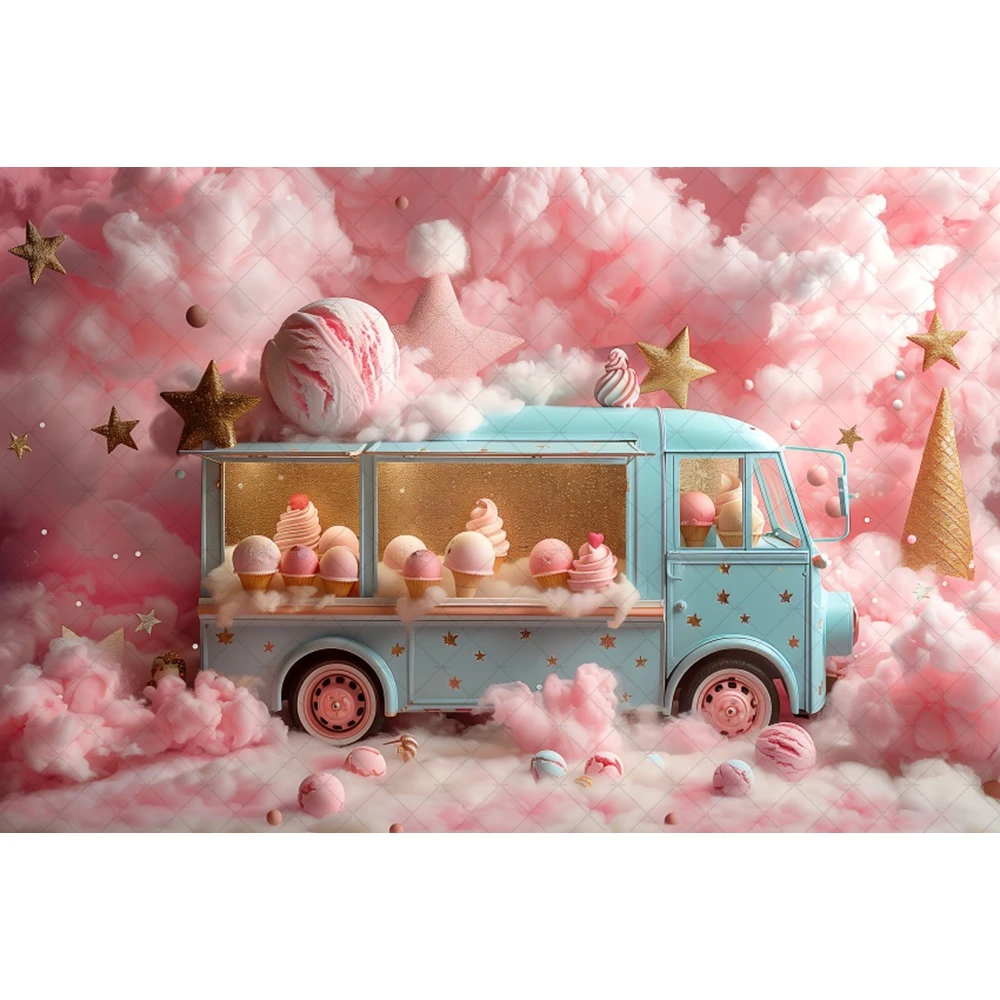 Ice Cream Truck Girls Studio Cake Smash Background Pink Cloud Decoration Sweet Birthday Party Backdrop Newborn Photoshoot Photos