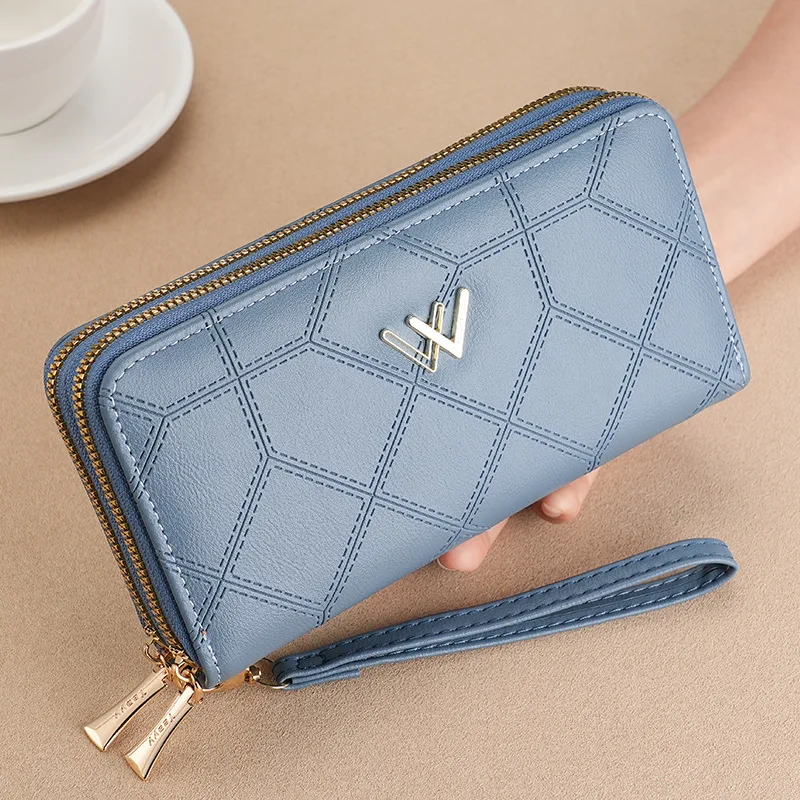 PU Leather Wallet 2026 Quilted Long Clutch Purse Double Zipper Card Holder Phone Wristlet Handbag with Strap for Women Ladies