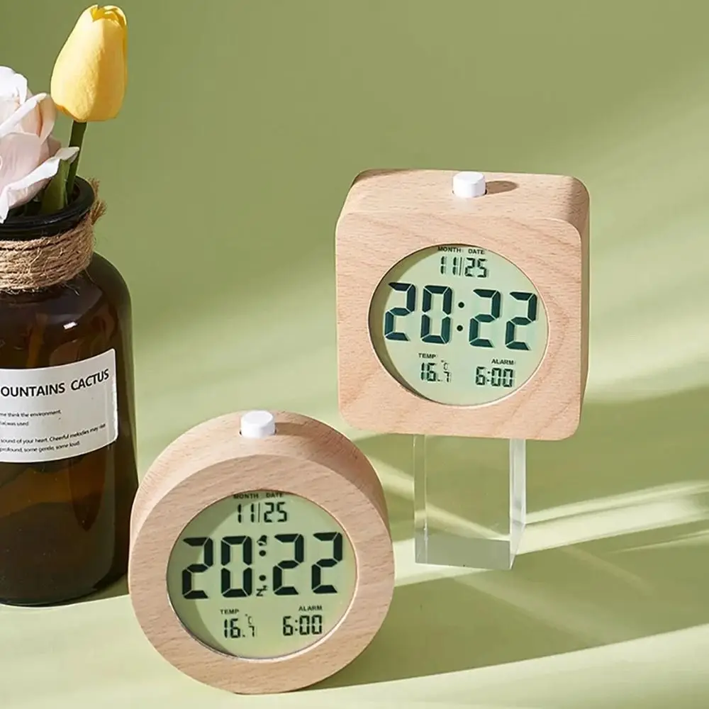 

Round/Square Wooden Alarm Clock Silent Nordic Style LCD Digital Table Clock Snooze Mode Date Temperature Display