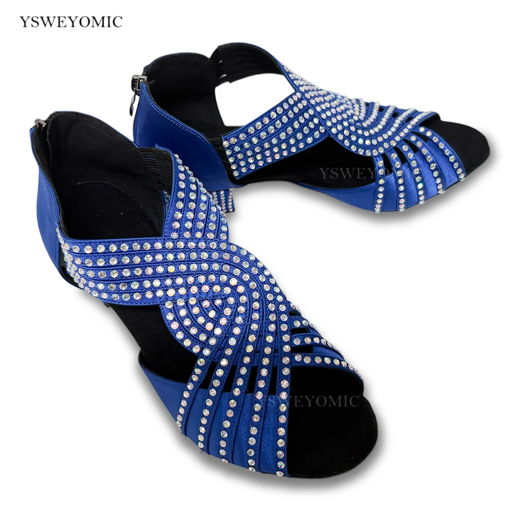 Blue Low Heel Rhinestones Latin Salsa Dance Shoes With Zipper Suede Sole Latin Ballroom Dance Shoes For Women