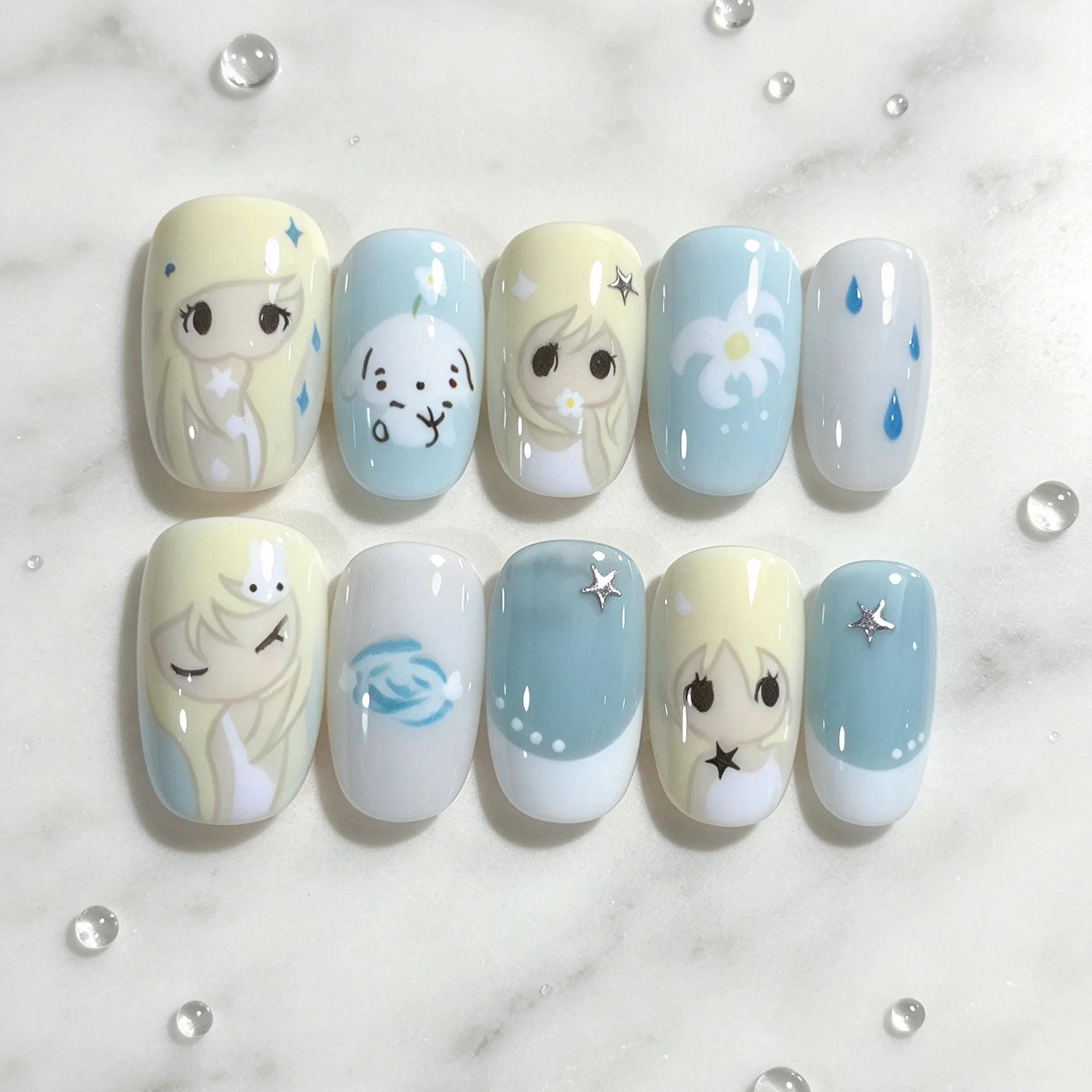 10 Hand Pressed Oval Nails, Cute cartoon Girl, Beautiful Fake Nails, Suitable for Women's Use, Daily Dressing