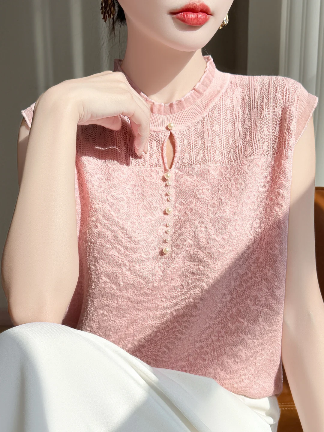 

Silk Wool Blend Sweet Sle round Ne Svel Knitted Sweater Women Spring Summer Versatile Layering Top French Sle Sof...