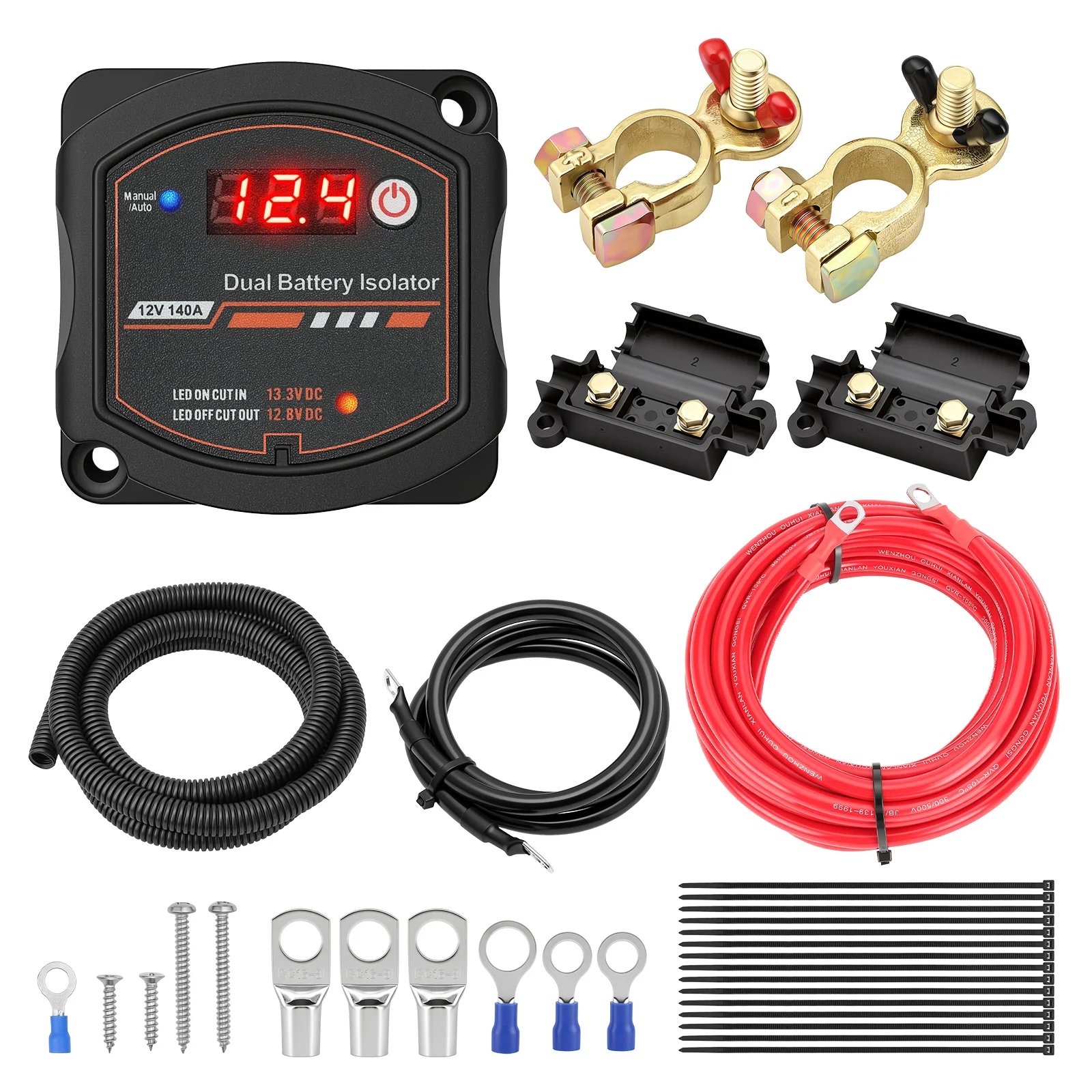 Smart 12V Dual Battery 140Amp Battery Isolator Kit with 3M & 6M Cable Digital Voltmeter Sensitive Relay VSR ON-OFF for Car Boat