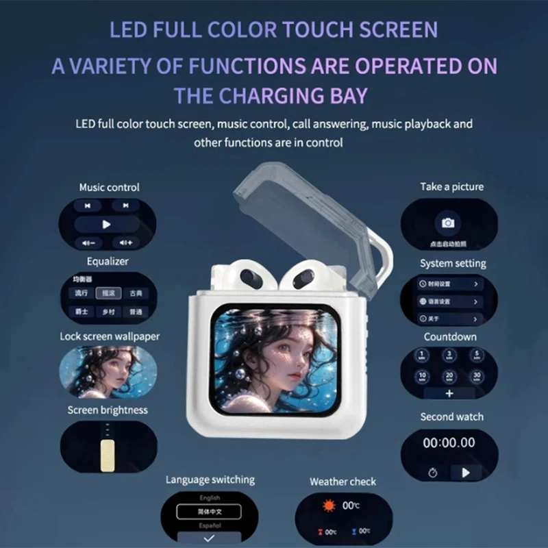 LED Full-Color Touch Screen Bluetooth Earphones Active Noise Reduction True Wireless Smart ANC Headphones