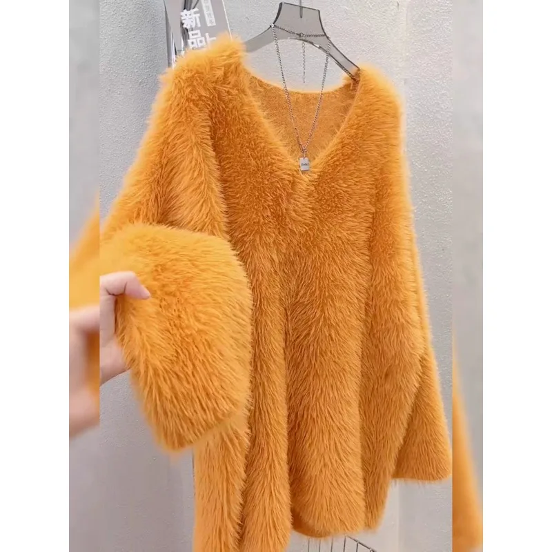 

Autumn Winter V-neck Loose Imitation Mink Velvet Sweater for Women Solid Color French Style Korean Style Knitted Bottoming Shirt