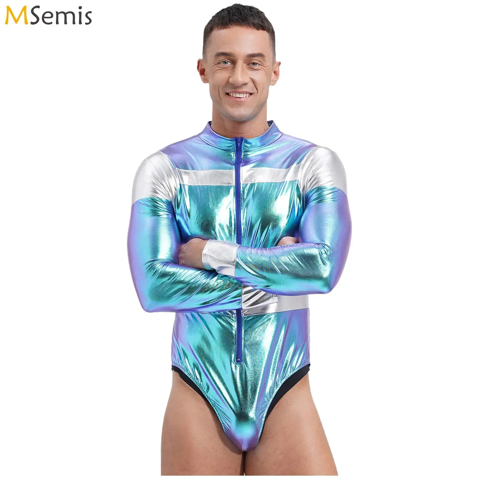 

Men Astronaut Alien Space Costume Halloween Cosplay Costume Metallic Shiny Long Sleeve Contrast Jumpsuits Zippe Leotard Bodysuit