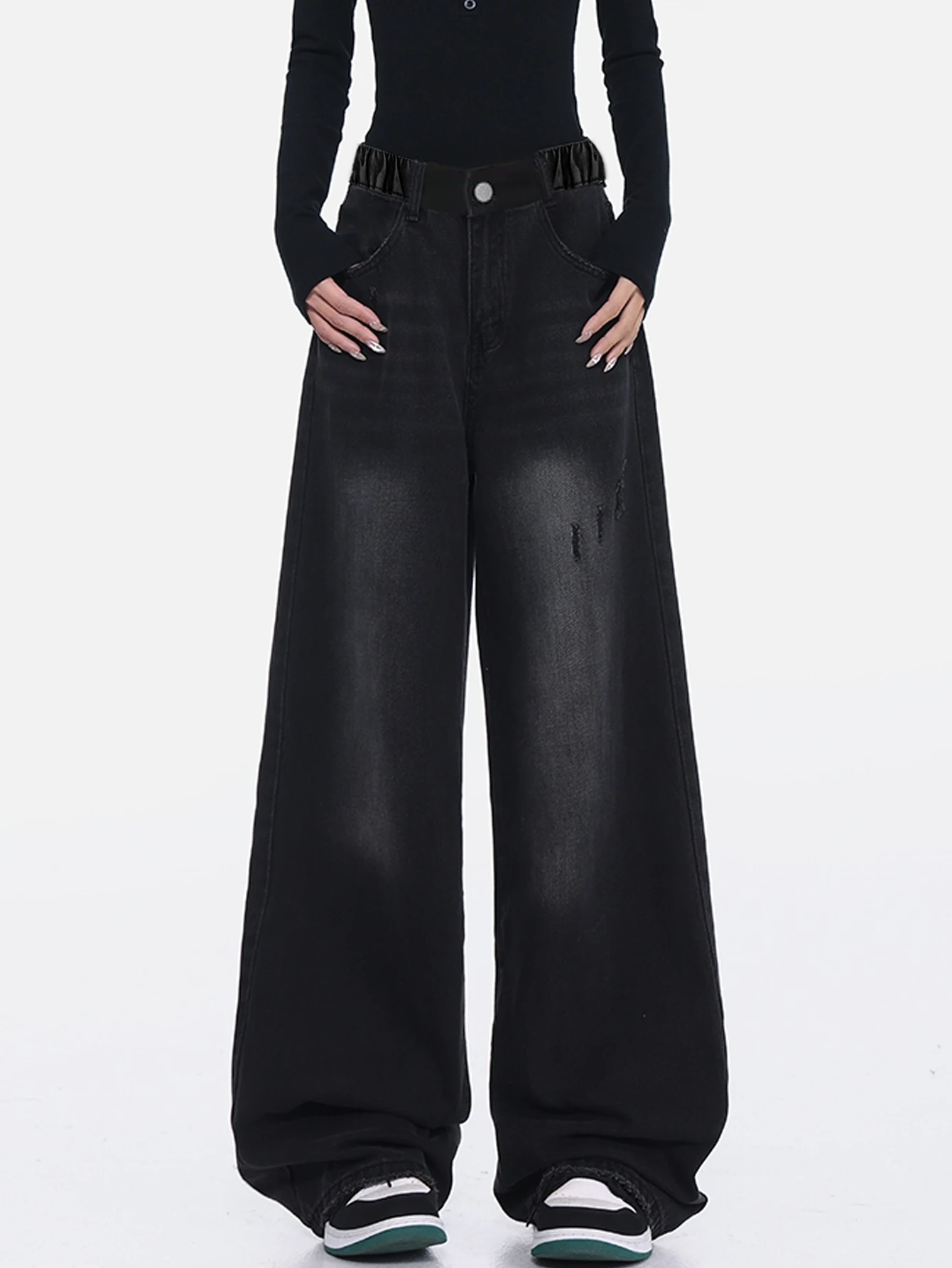 

Washed Black Vintage Long Straight Leg Jeans for Teens And Tweens Loose Wide Leg Casual Trousers Simple Design
