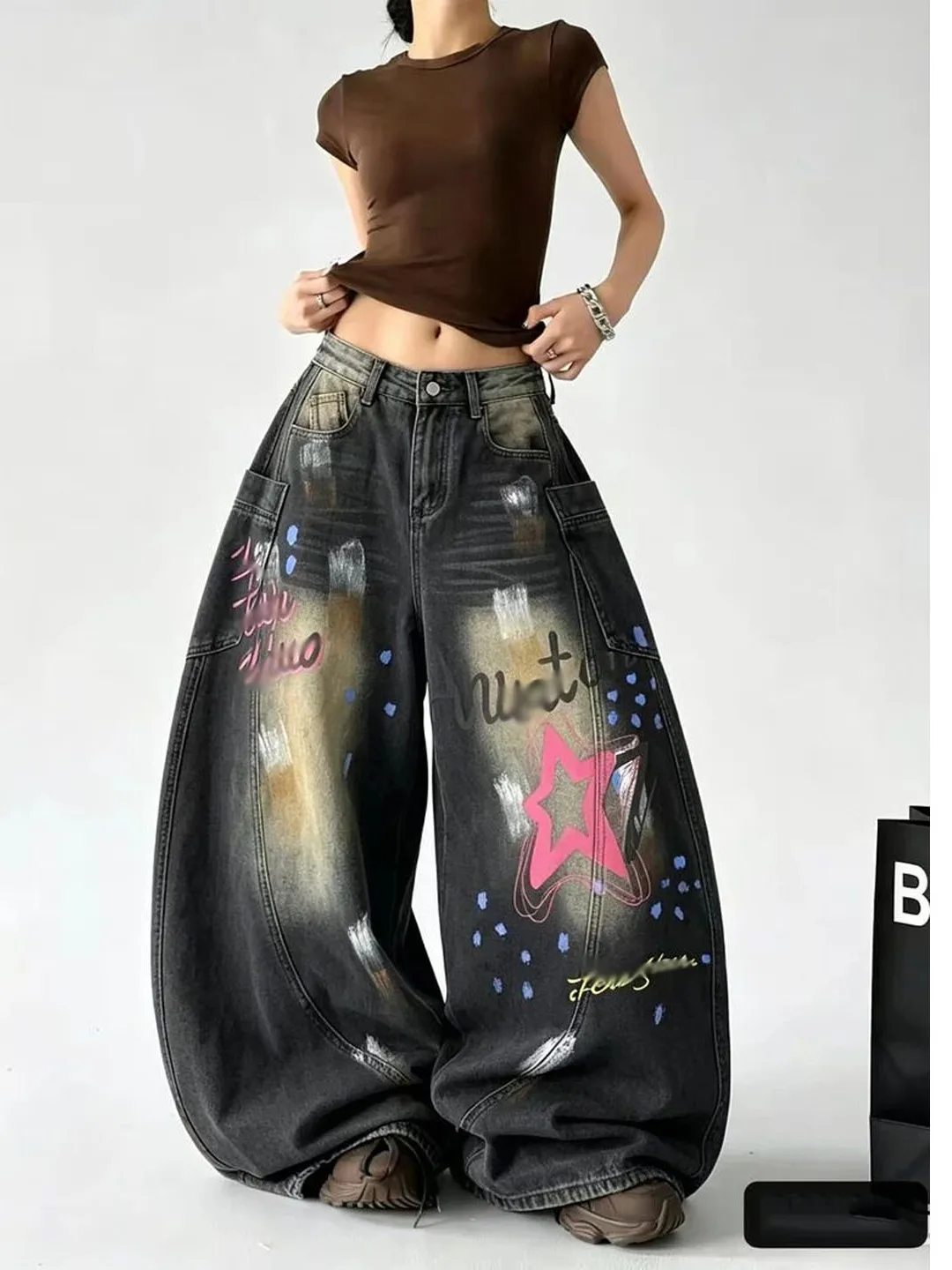 Early Autumn Heavyweight American Style Star Print Wide Leg High Waist Denim Jeans Women Loose Fit Street Style Floor Length
