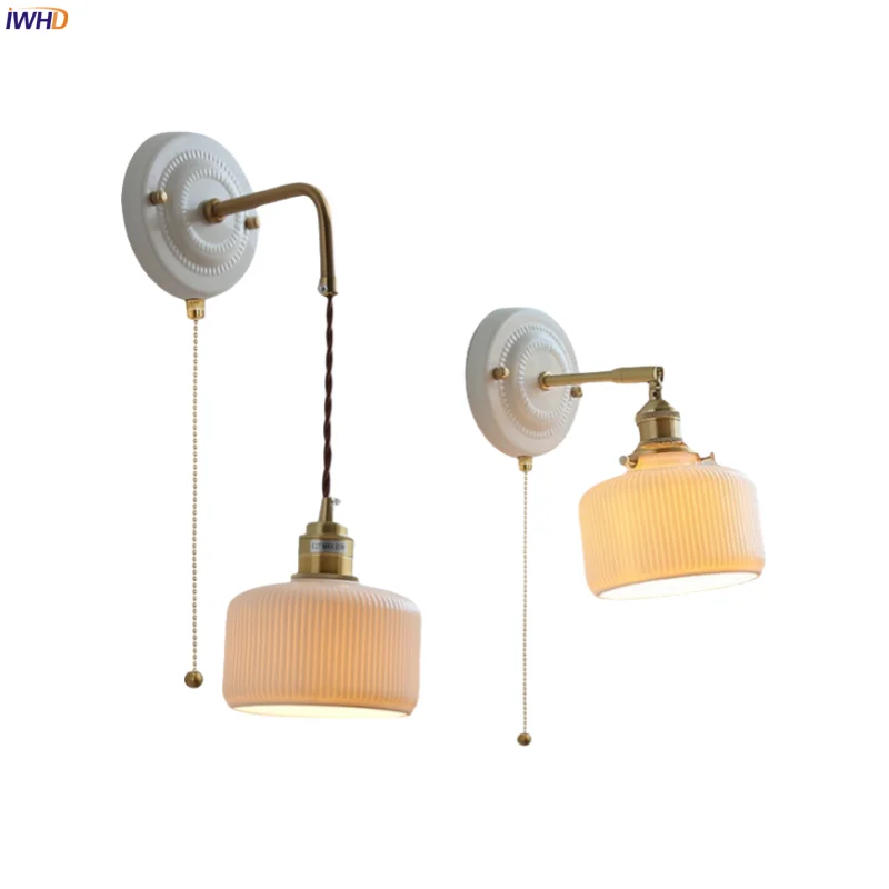 

IWHD Copper Ceramic LED Wall Light Fixture Pull Chain Switch Living Room Decor Mirror Stair Bedside Lamp Nordic Applique Murale