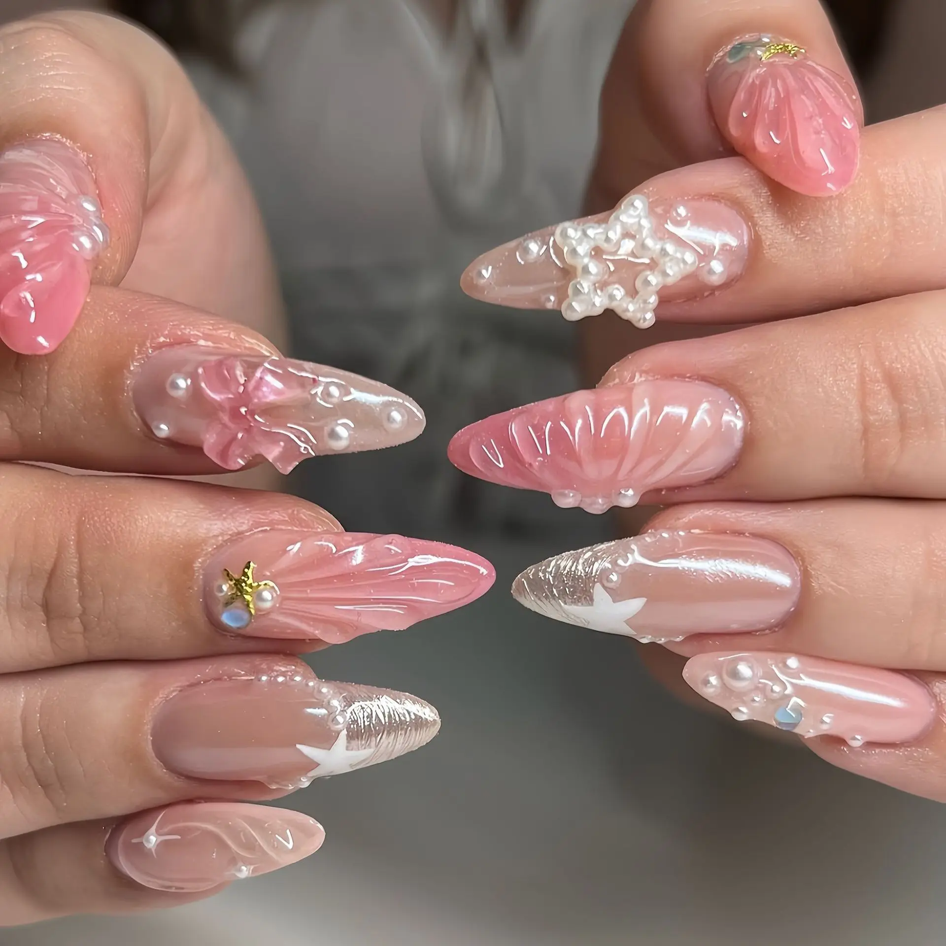 

24Pcs 3D Bow Star Pearl French Press on Nails Pink Gradient Detachable Fake Nail Mid-length Stiletto Full Cover False Nails Tips