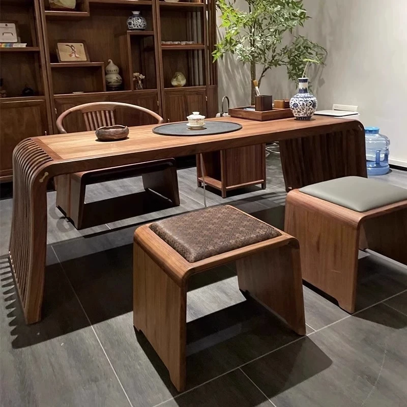 New Chinese black walnut tea table Song style aesthetic balcony solid wood kung fu dry brew tea table