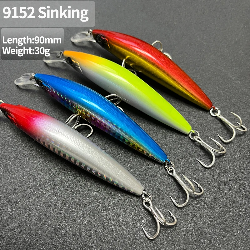 

30g 90mm Heavy Sinking Minnow Bait Seabass Trout Lure Long Casting Artificial Bait Saltwater Diving Trolling Swimbait Equipment