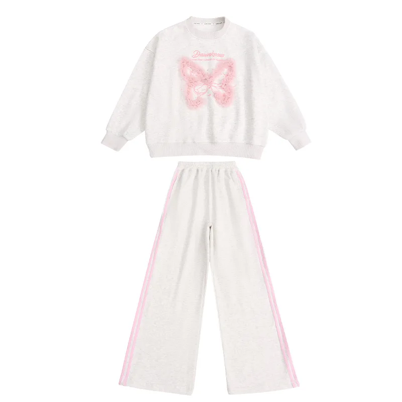 SpringAutumn Girls Stylish Cotton Gray Lace Patchwork Sweatshirt+Sweatpant Set School Kids 2PCS Tracksuit Children Outfit  987