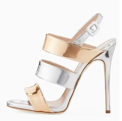Metallic Silver Three Strap Open Toe Slingback Sandals Stiletto High Heel Buckle Ankle Strap Evening Party Fashion Heels Women