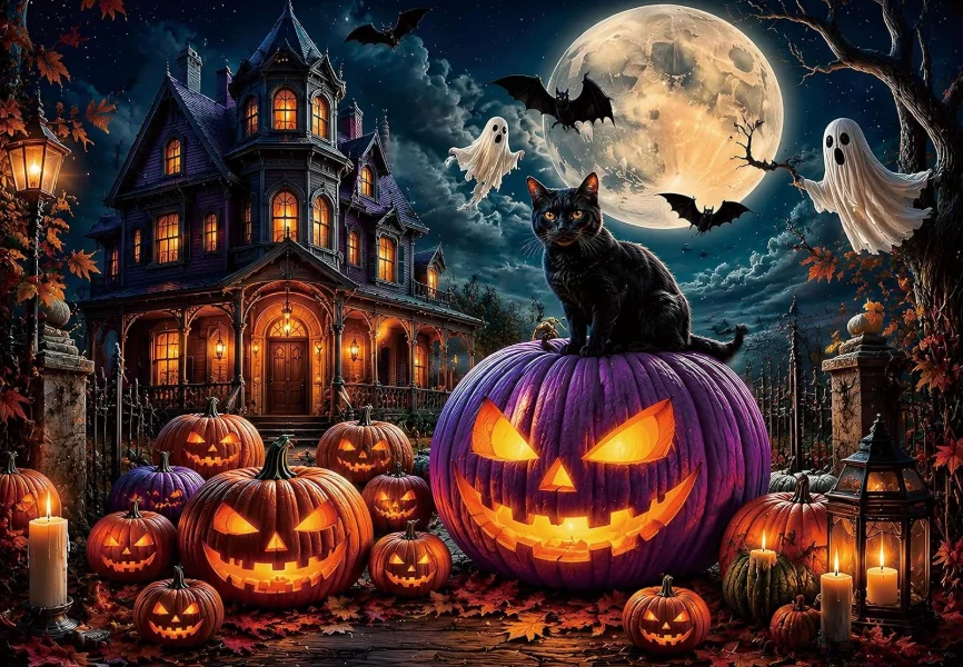 Halloween Spooky Mansion Jigsaw Puzzle 500/1000/1200/2000PCS Jack Lantern Black Cat Ghost Bat Autumn Moon Scene DIY Family Gift