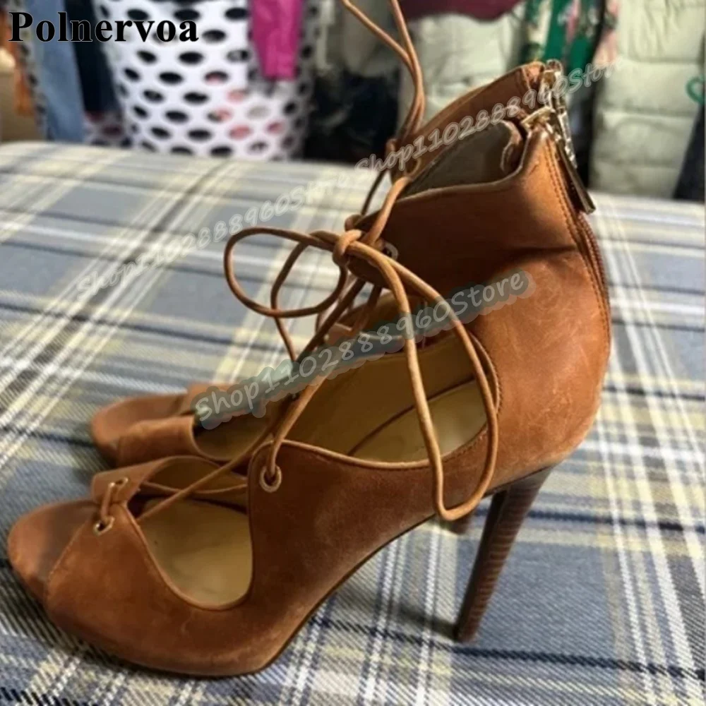 

Retro Style Brown Leather Cross Tied Sandals Thin High Heel Shoes For Women Back Zipper Peep Toe Fashionable Casual Sandals