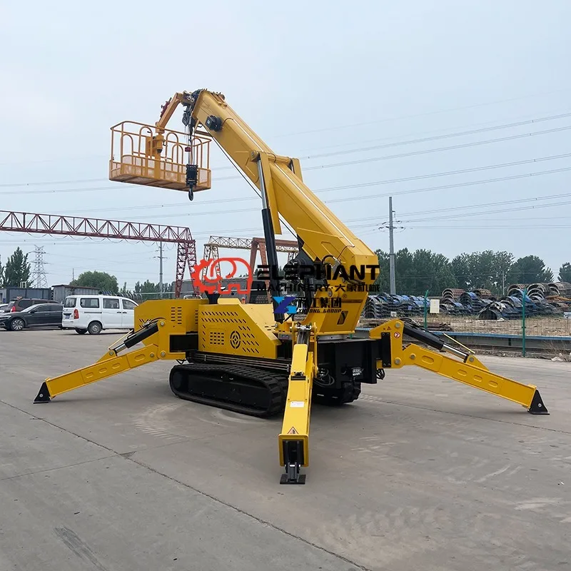 Compact Mobile Mini Crawler Spider Crane, Telescopic Hydraulic Lifting Machinery Equipped with Safety Man Basket for Aerial Work