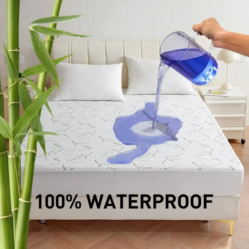 Bamboo Fiber Jacquard Mattress Protector, Waterproof & Ultra Soft Breathable , Deep Pocket, Machine Washable